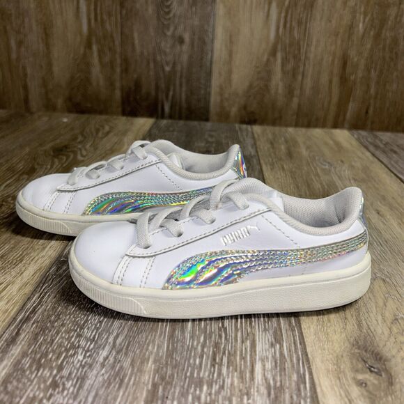 Puma Infant Youth Size 9C Classic White Silver Leather 381499-01 Sneaker Shoes - Picture 5 of 11